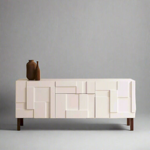 Arvora Beige Sculpted Panel Sideboard – Desqo Furniture UAE