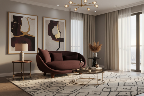 Amore Burgundy 2 Seater Velvet Curved Loveseat Sofa styled in a modern living room
