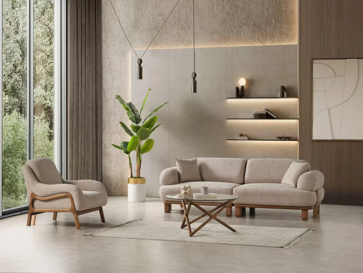 Arwin Beige 3 Seater Boucle Sofa styled with a matching armchair