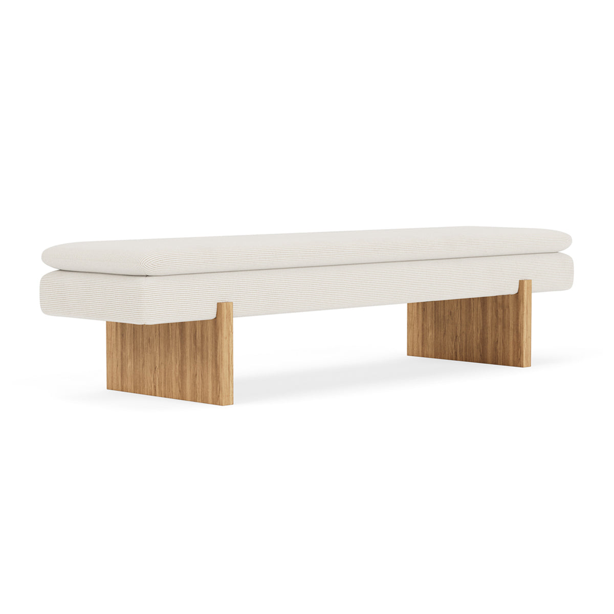 Umi Oak Bench in Free Dune Velvet Cord, angled view