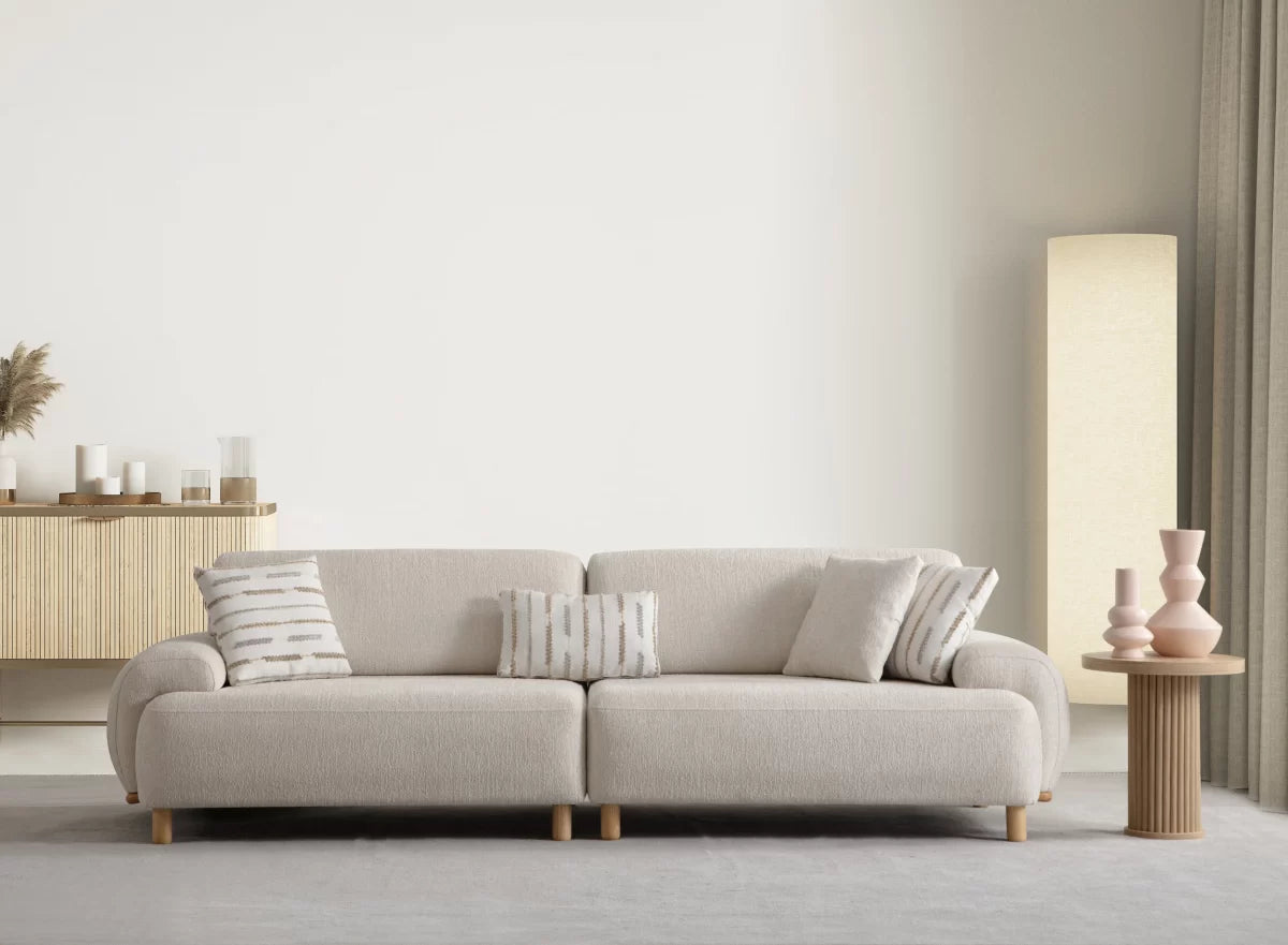 Beiza Cream 3 Seater Boucle Sofa – front view with scatter cushions