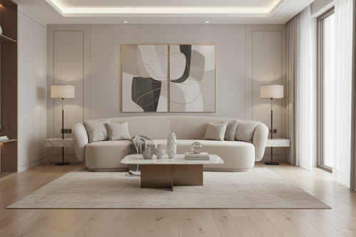 Belmont Cream 3 Seater Fabric Curved Sofa styled in a modern living room