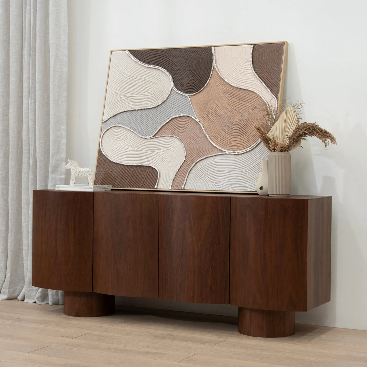 Billow Walnut Curved Sideboard, angled view