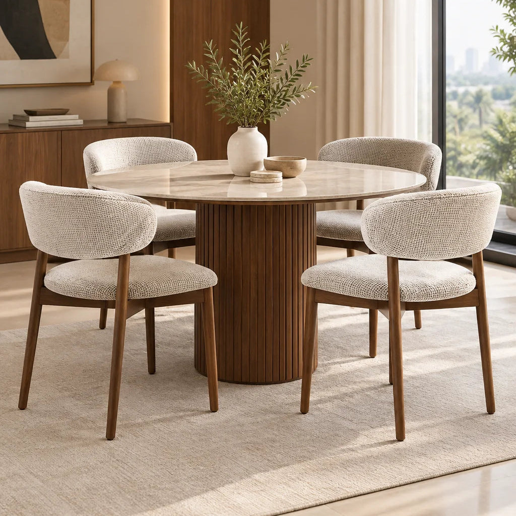 Cavalli Beige Boucle Dining Chair – set of four around a round fluted dining table