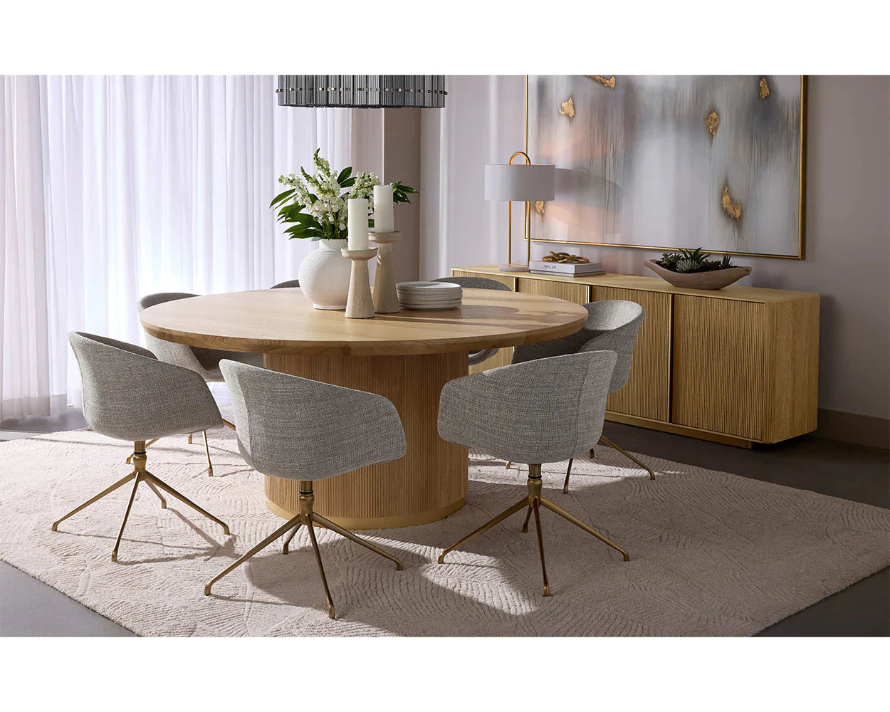 Cedar Solid Wood Dining Table – 160cm Diameter, Full Tabletop with Place Settings, Top View