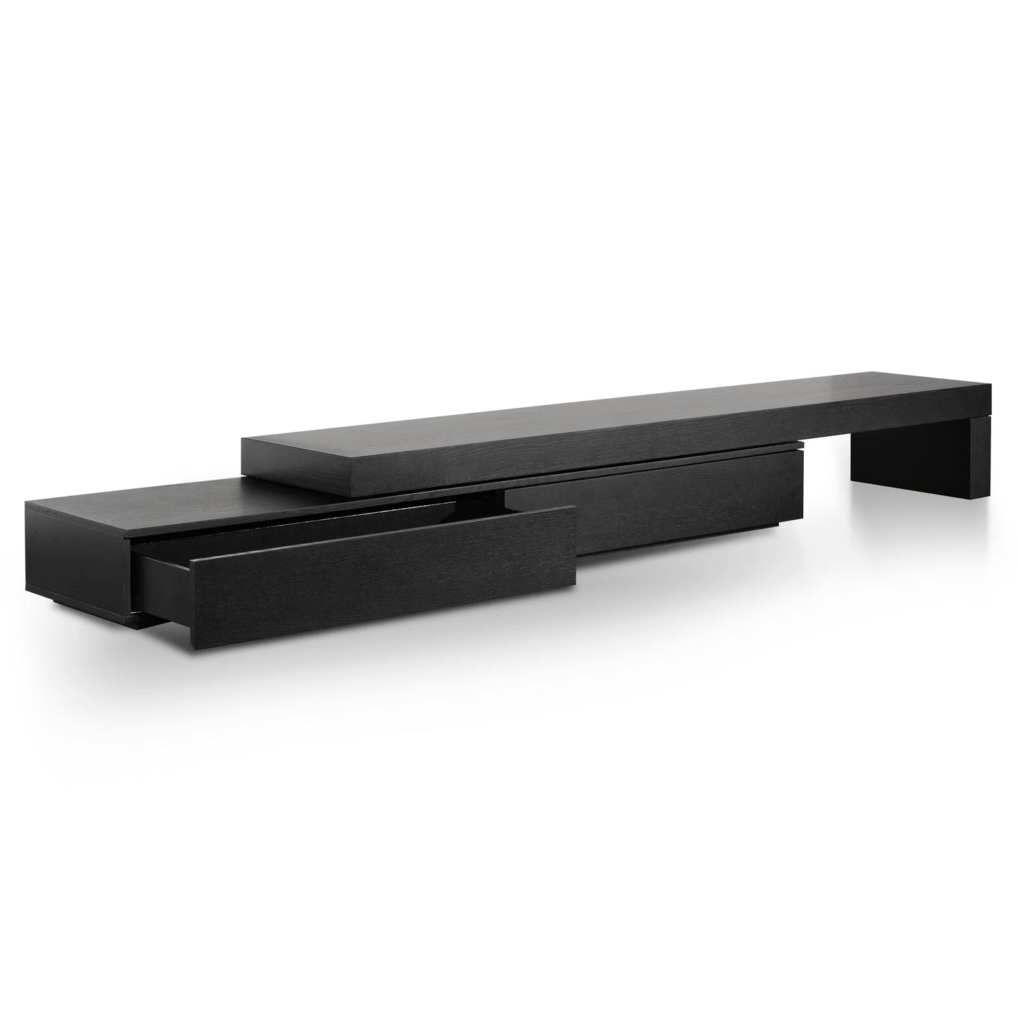 Side View Flexispace Wooden TV Stand – 2 Drawer Unit with One Open Drawer Showing 
