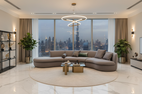 Horizon Grey 5 Seater Fabric Curved L-Shape Corner Sofa styled in a living room with a city view