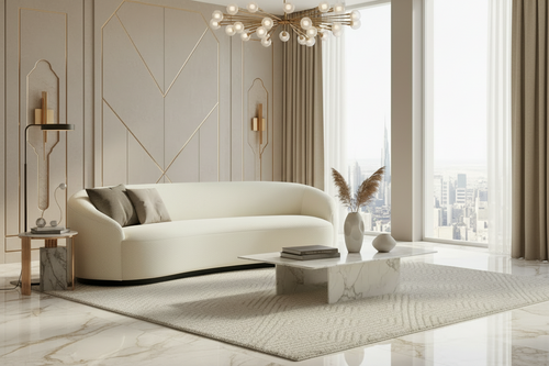 Langford Cream 4 Seater Bouclé Curved Sofa styled in a bright living room