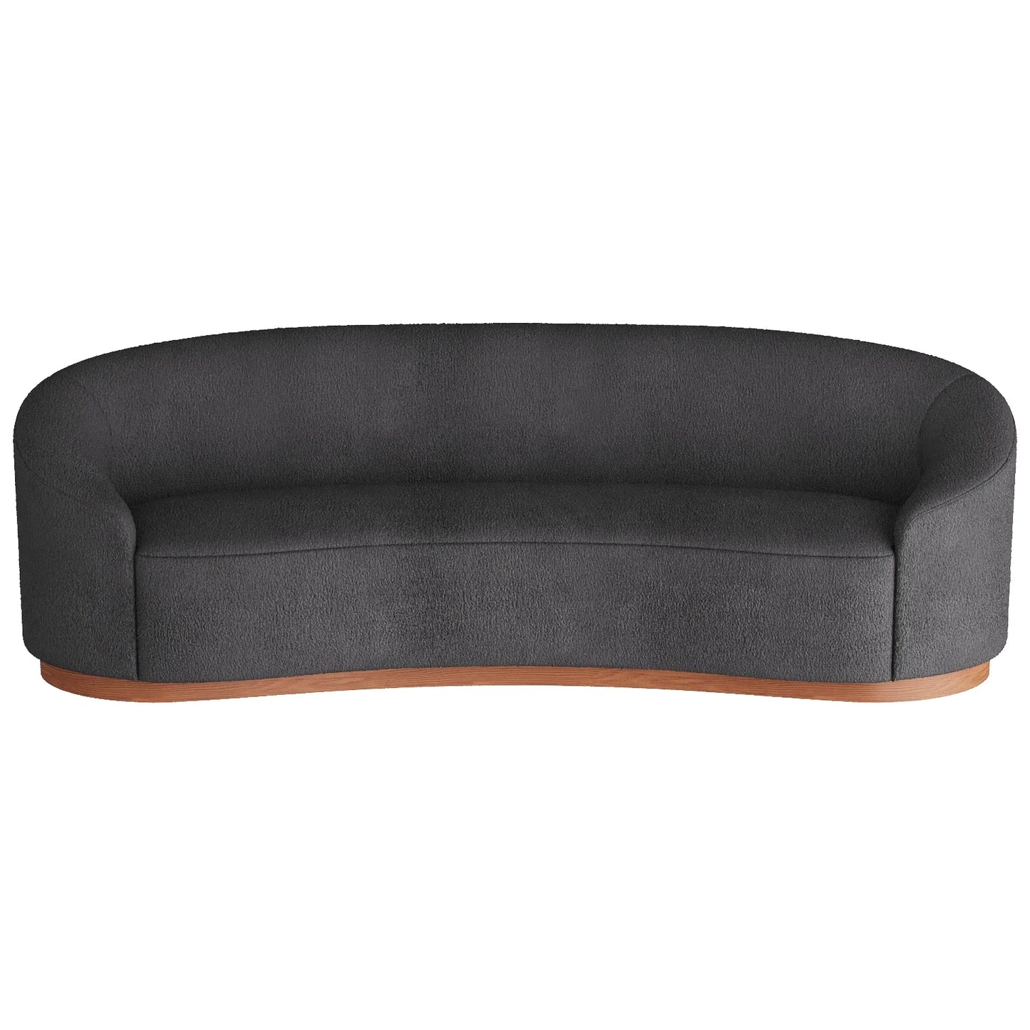 Front view of Langford Long Sofa in charcoal sherpa with sculpted arms and low-profile design