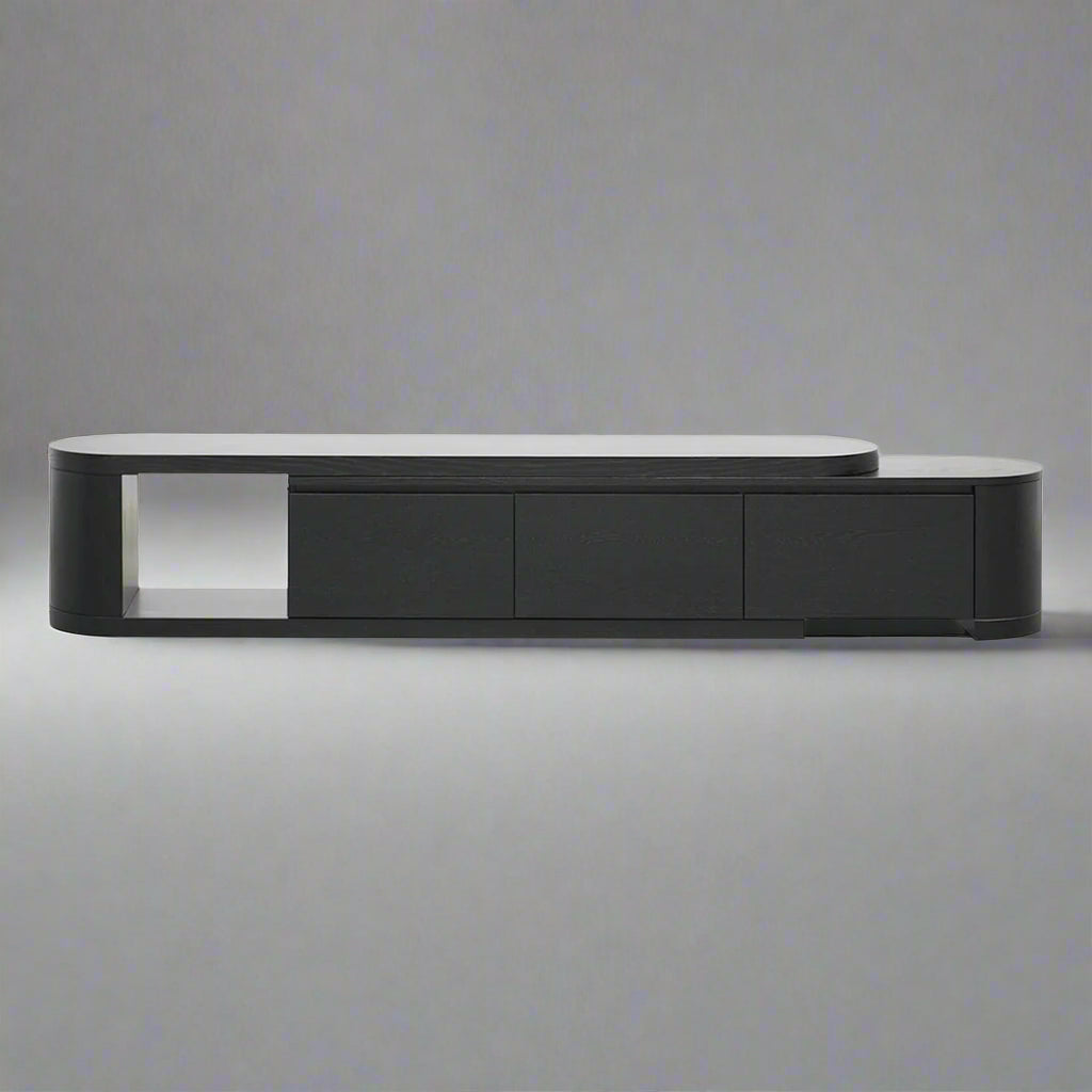 Front view of Novara adjustable TV unit with matte black Finish