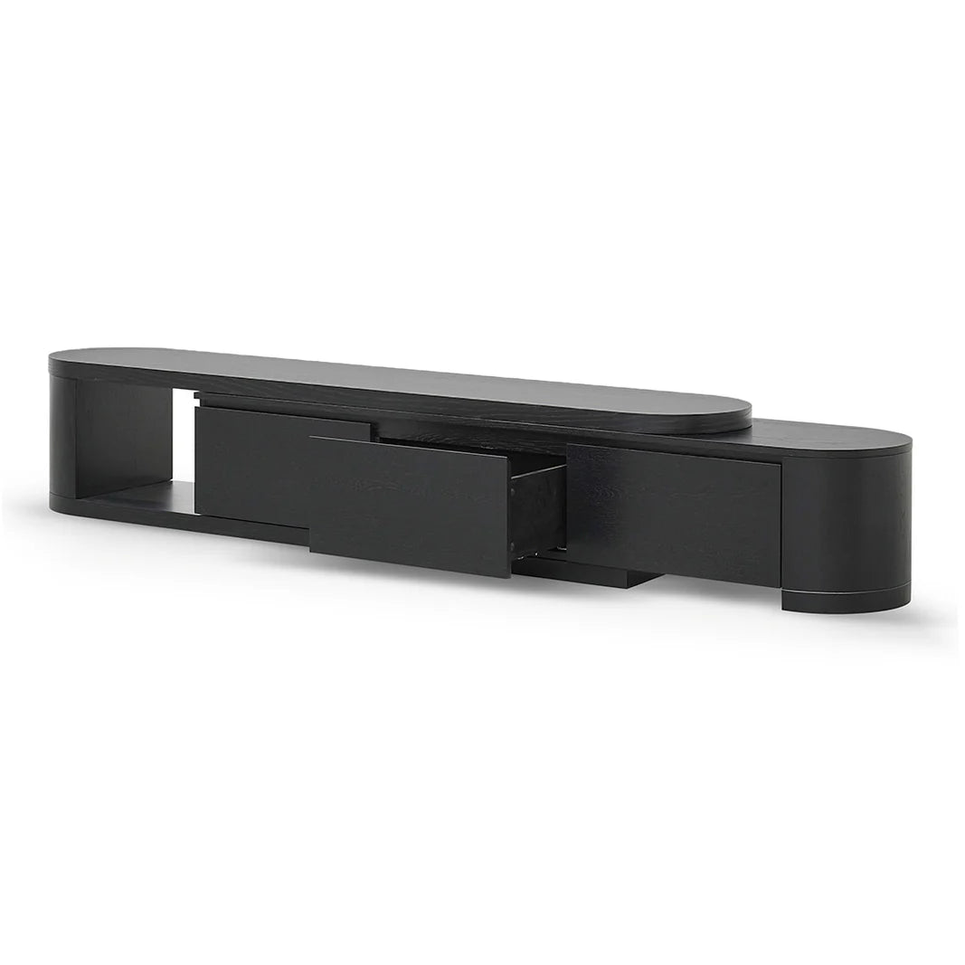 Open drawer of Novara adjustable TV unit black finish showing interior storage