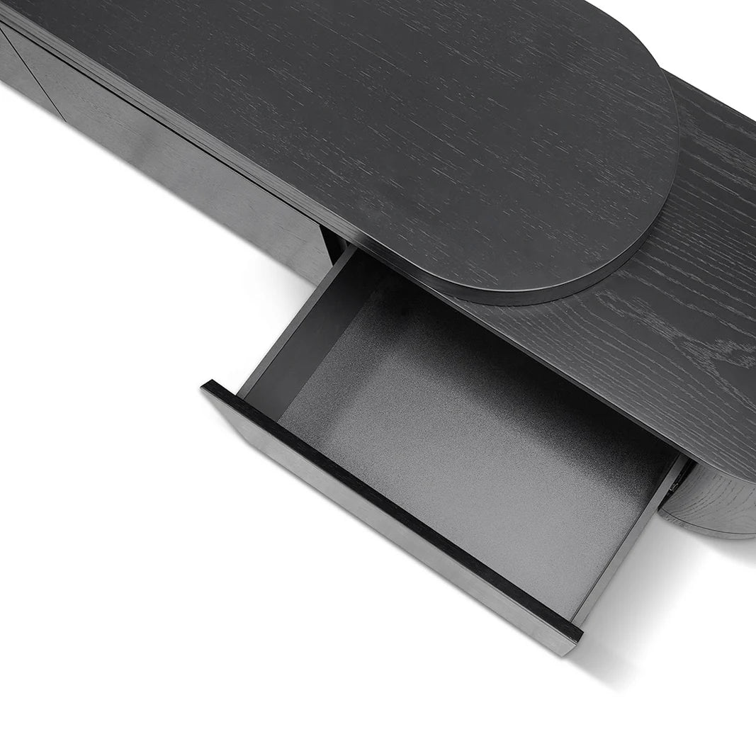 Top View, Open drawer of Novara Black adjustable TV unit showing interior storage