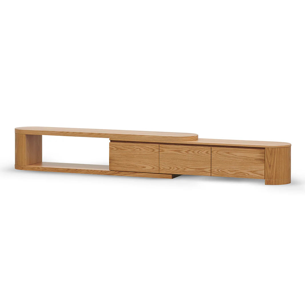 Modular TV stand with sliding top in light wood tone