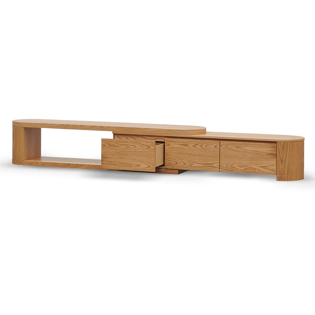 Natural oak TV console with open shelf and push-to-open drawer 
