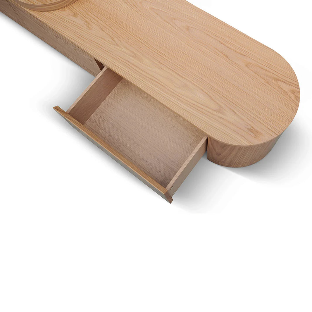 ngled view of Novara wooden TV unit showing smooth grain texture and layered design and open drawer 