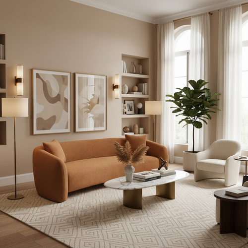 Orenza Coral 4 Seater Fabric Curved Sofa styled in a classic living room