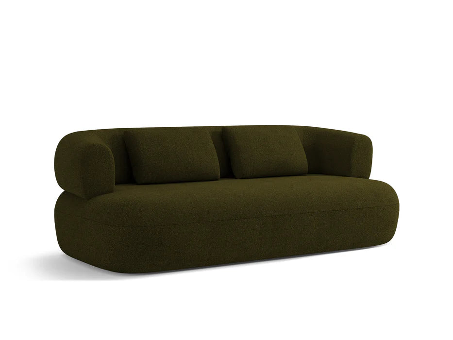 Side angle of Rovena sofa showing Green boucle texture and clean curved armrest design