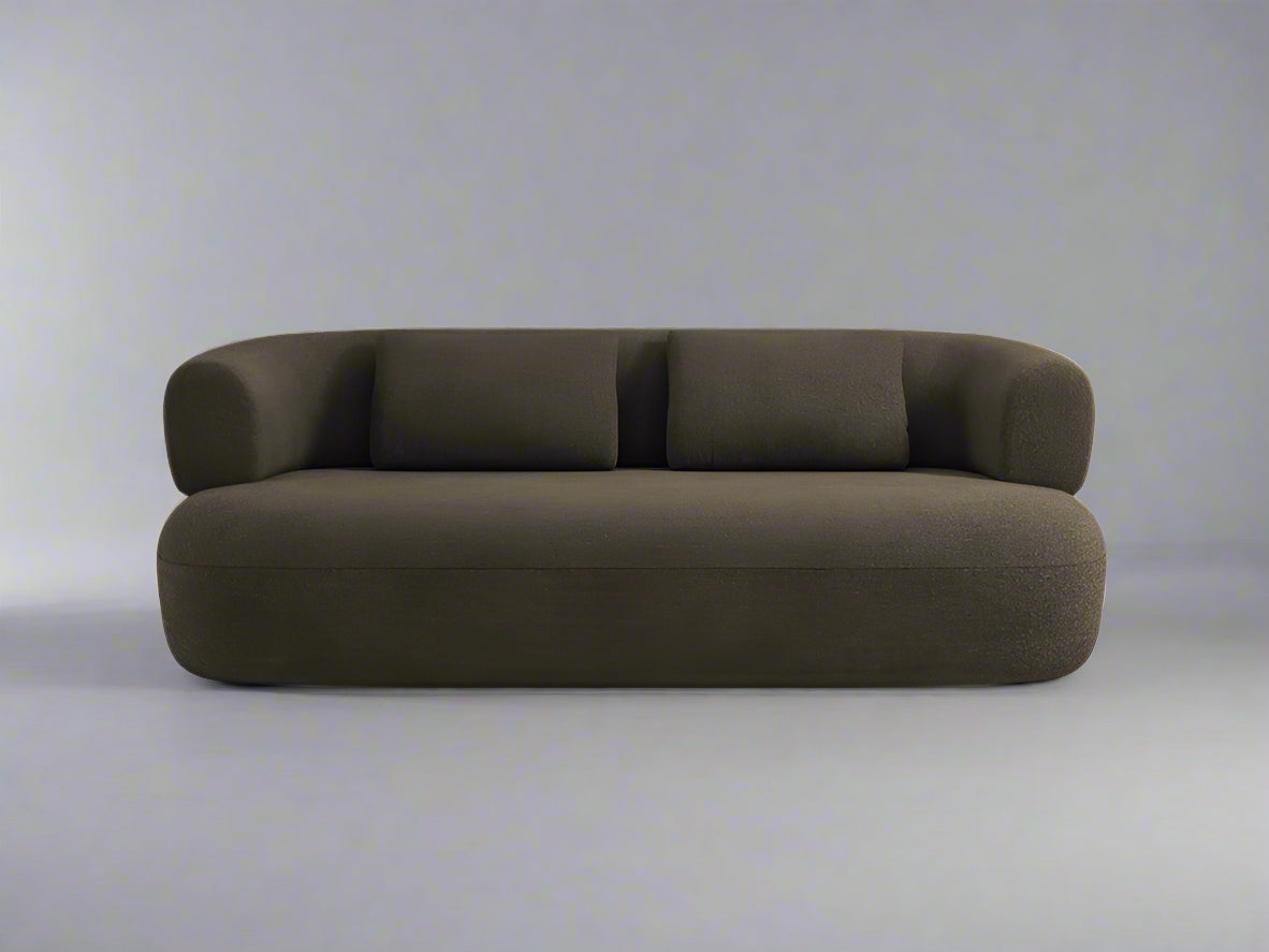 Gray boucle Rovena sofa with curved silhouette and soft textured fabric – 3-seater modern lounge piece