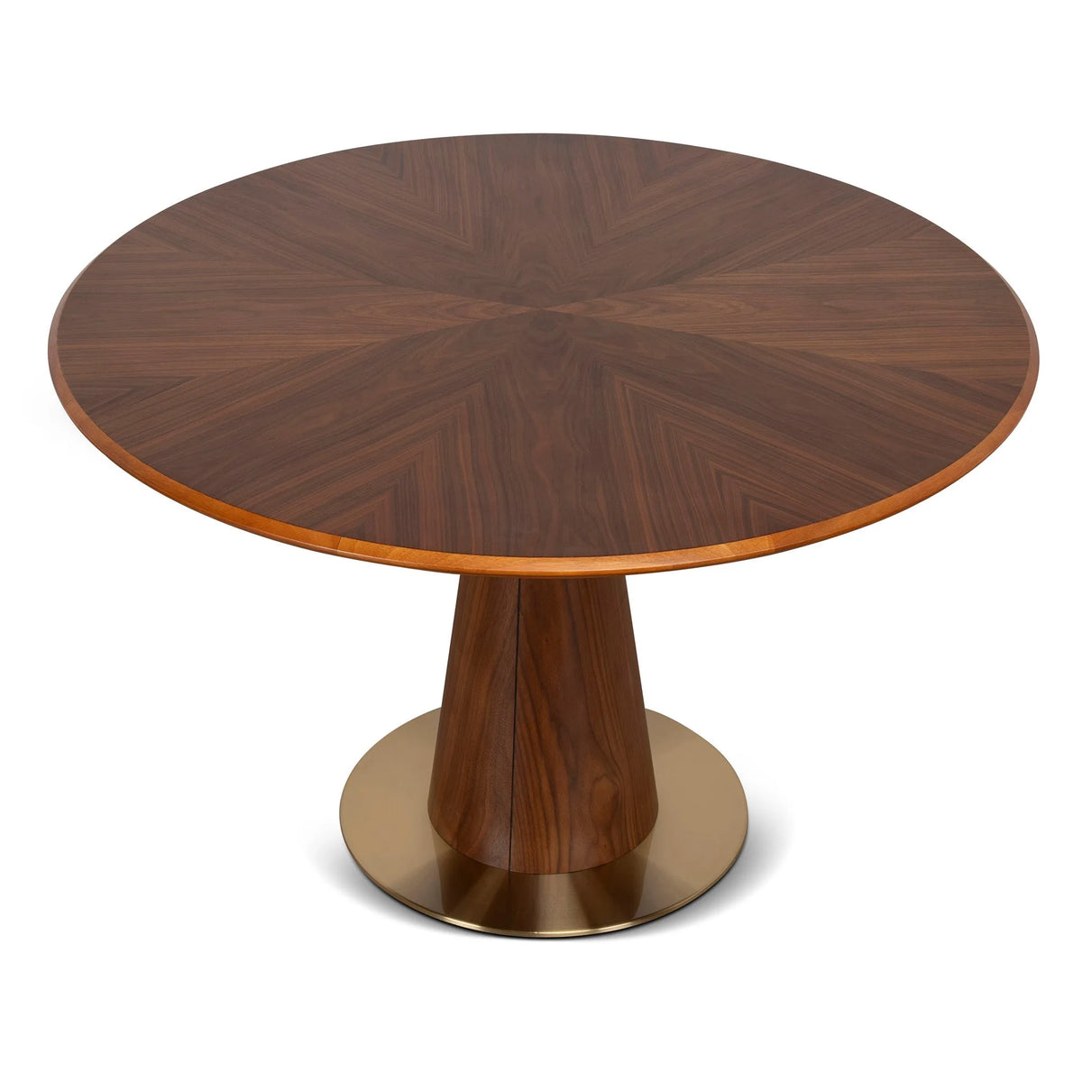 Solstice Walnut Wood Round Dining Table with Gold Base – top angled view of the starburst grain