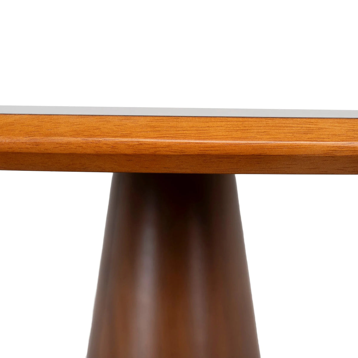 Solstice Walnut Wood Round Dining Table with Gold Base – close-up of the edge and cone pedestal