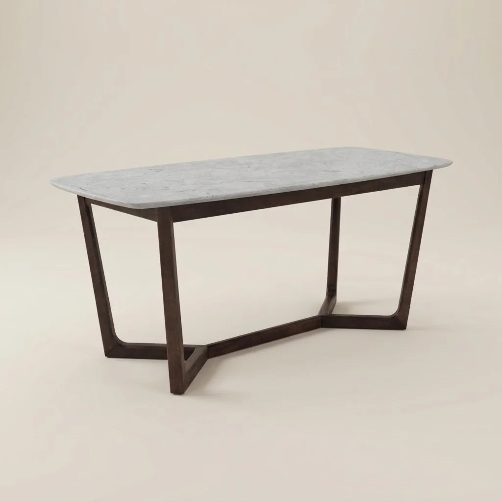 Starlight Marble Finish Rectangular Dining Table – dark brown legs, angled view