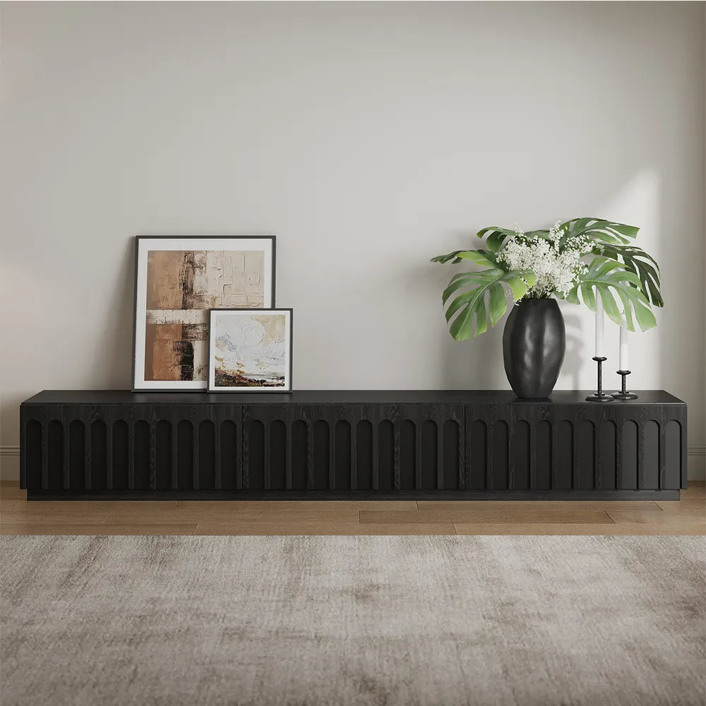 Front View of Noirlin TV Console – Bold Black Finish – Minimalist Design