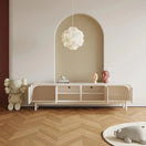 Switch Open drawers of modern white TV console showing interior storage space  3 image