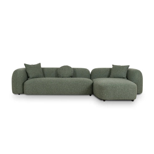 Front angle view of Verona Right-Chaise Sofa in Green with curved design and plush seating