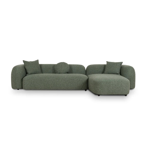 Front angle view of Verona Right-Chaise Sofa in Green with curved design and plush seating
