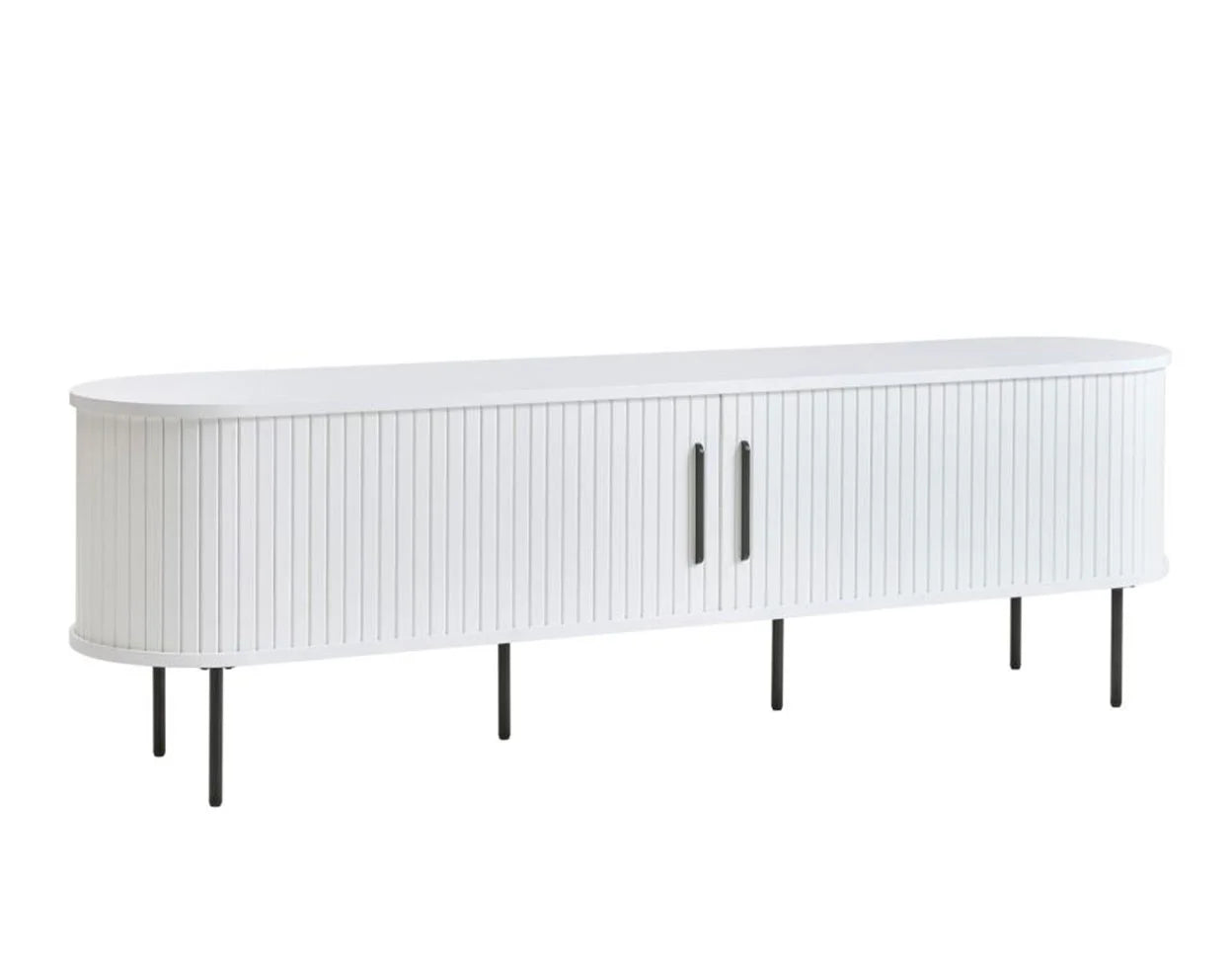 Side View – Vierra TV Stand in White – Floating Leg Base – Slatted Door Texture 