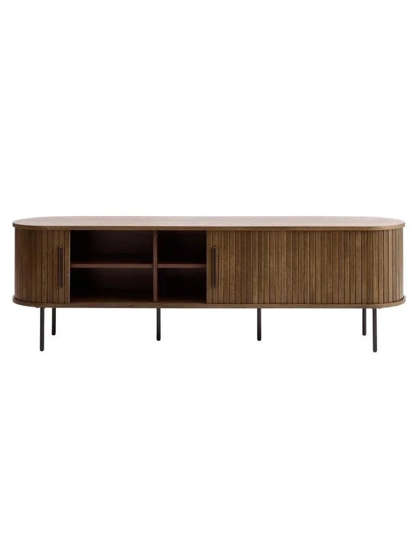 Side Profile – Solid Wood TV Console – Slatted Sliding Panels – Black Legs, Brown Finish 