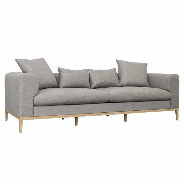 Aero Light Grey 3 Seater Fabric Sofa – angled view with loose back pillows