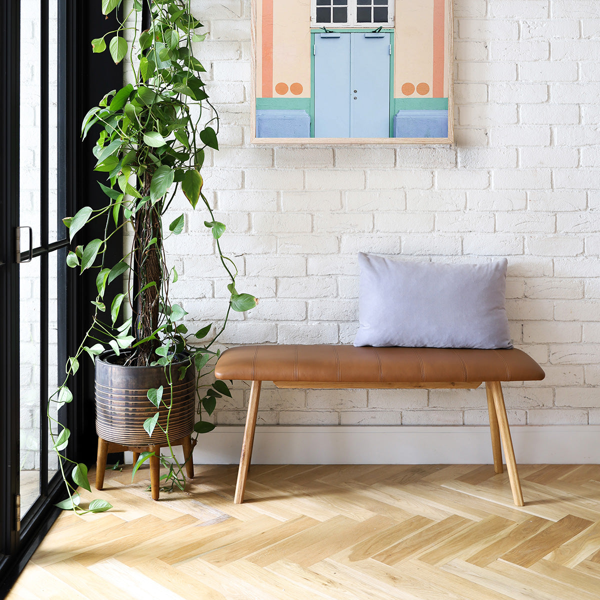 Alaska Tan Leather Bench, angled view