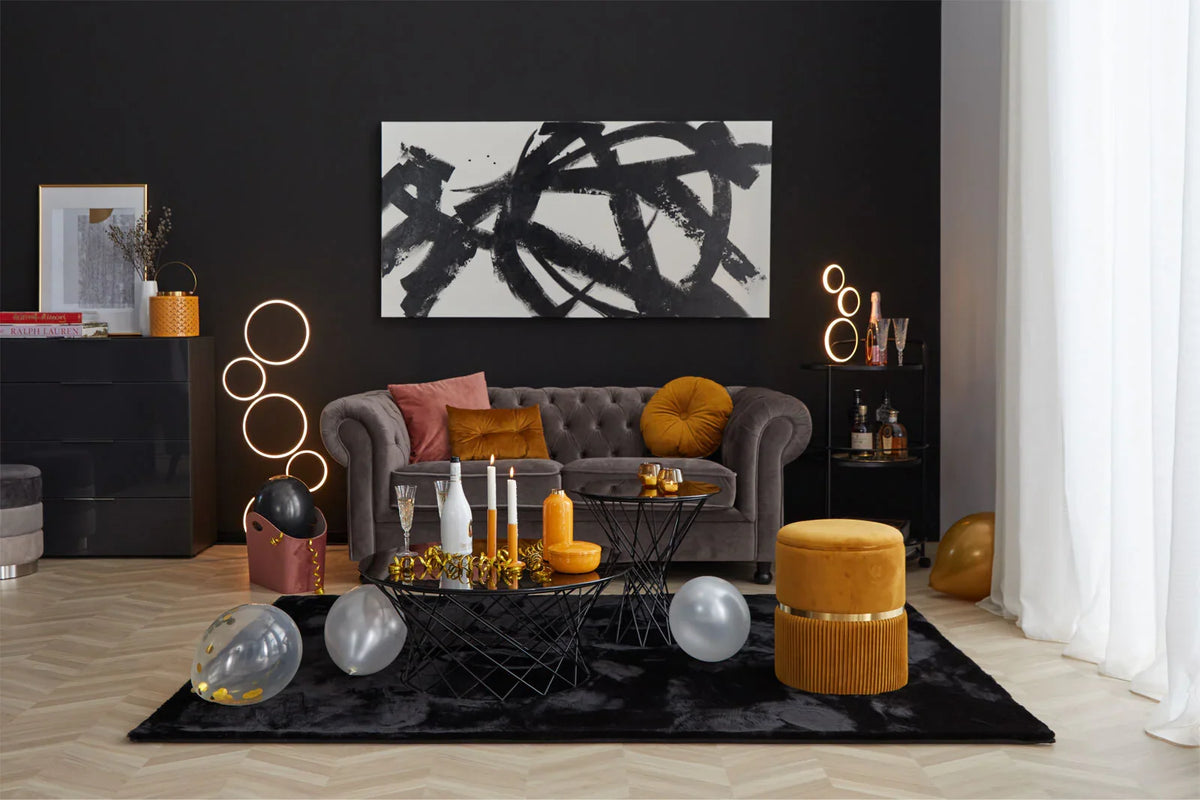 Cambridge Grey Velvet Chesterfield Sofa styled in a modern living room