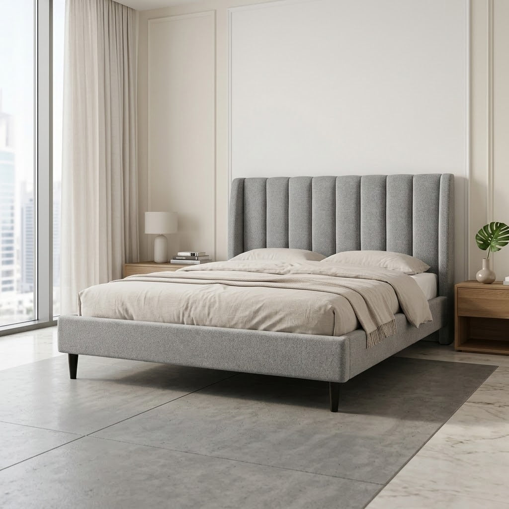 Fynza Grey Upholstered Bed – styled in a bedroom