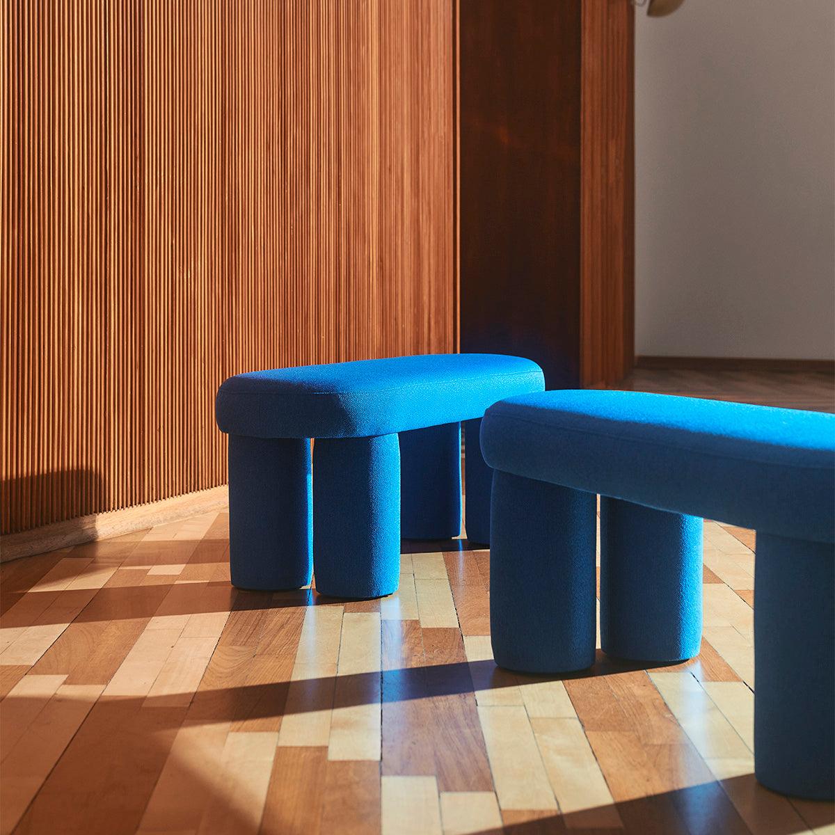 Charlie Mark Cobalt Blue Weave Bench, angled view