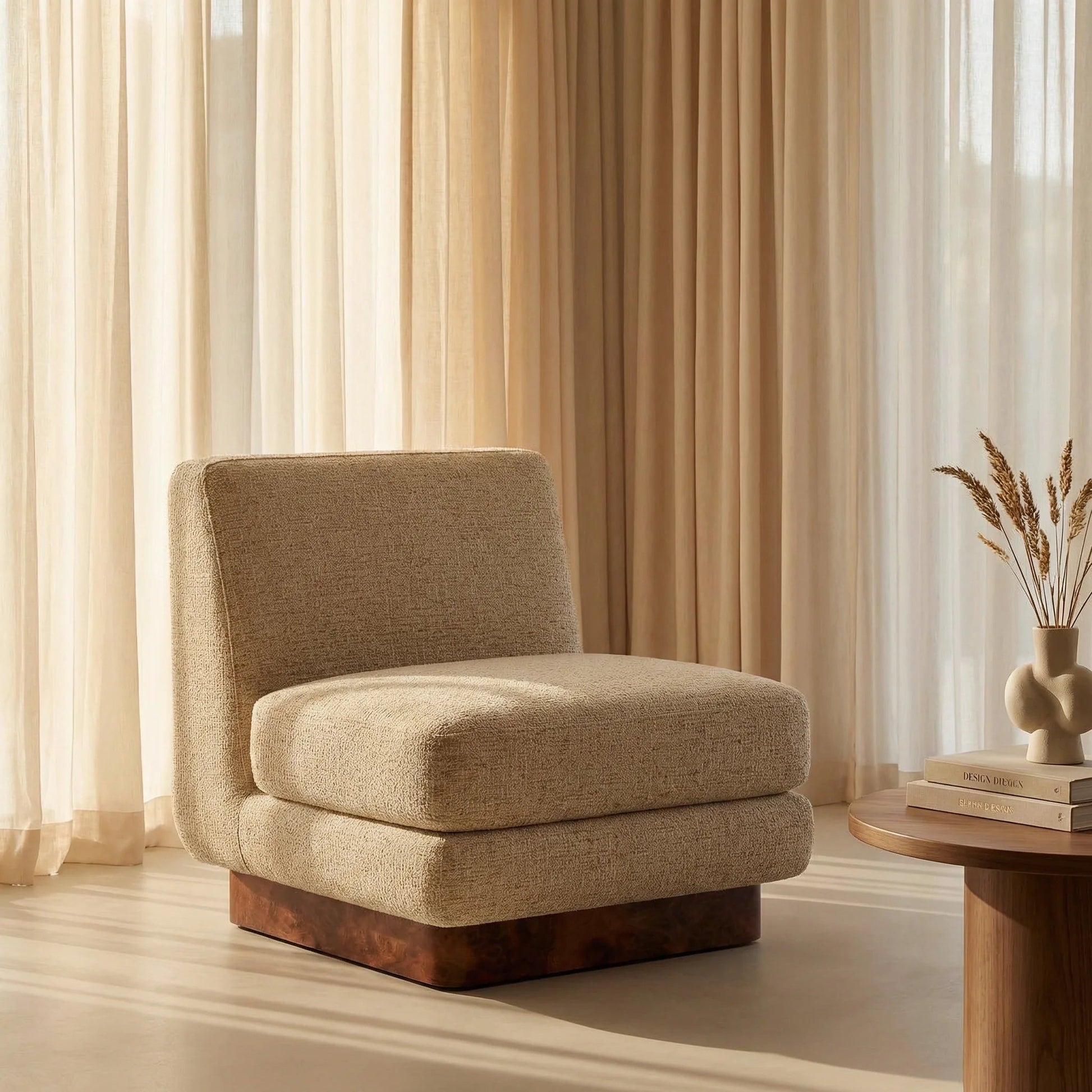 Amara Accent Chair – Beige, Burl Wood Frame