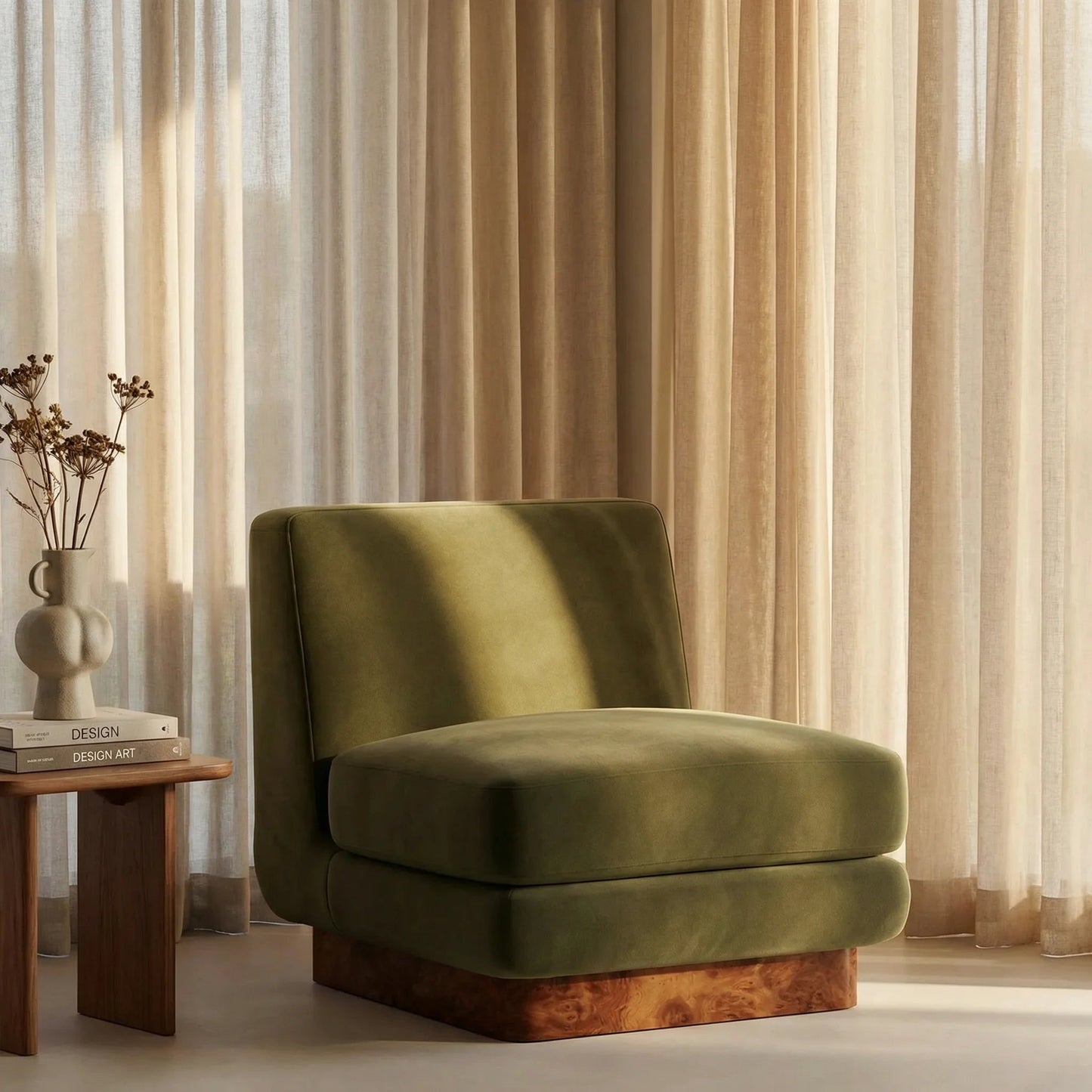 Amara Accent Chair in green fabric, lifestyle view