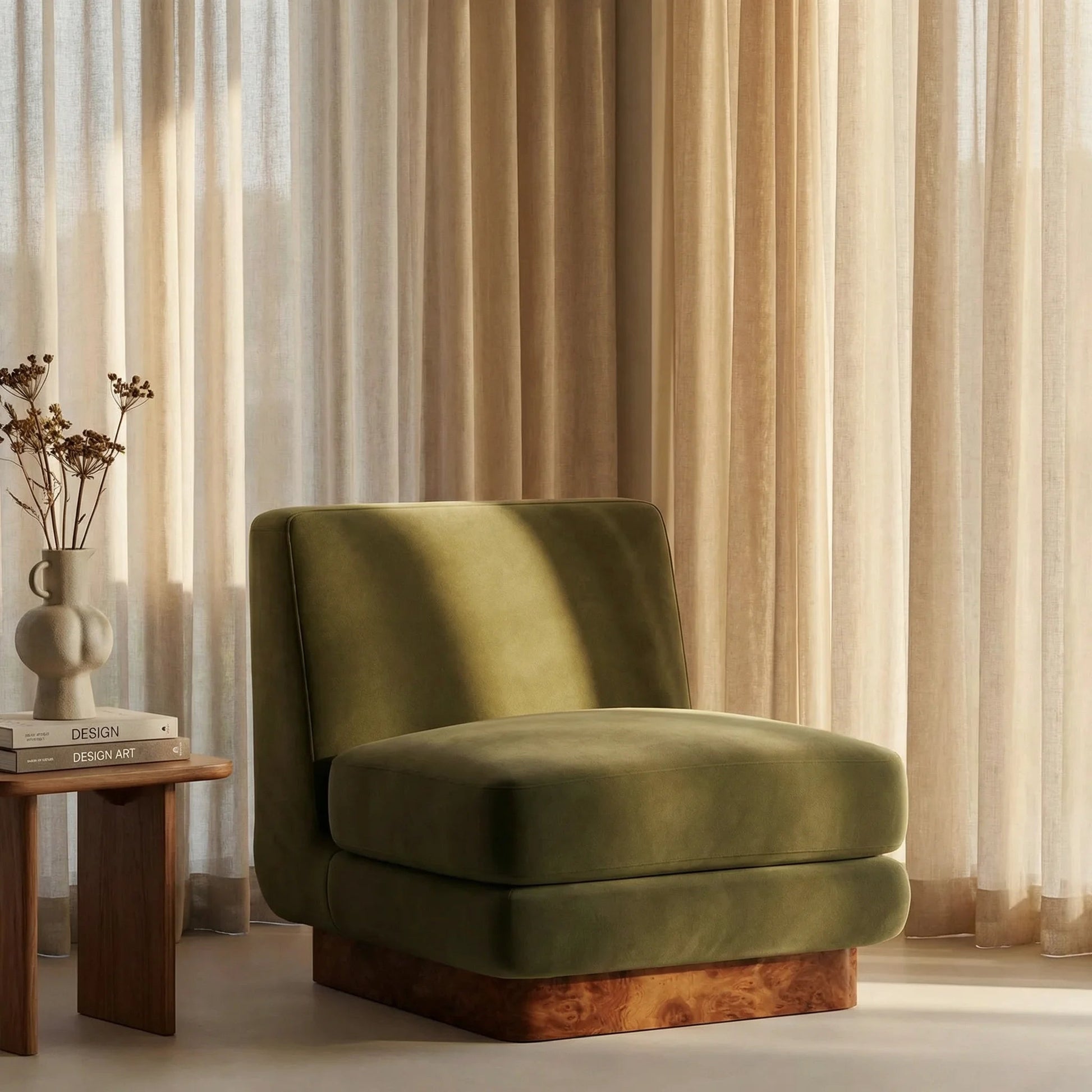 Amara Accent Chair – Green , Burl Wood Frame