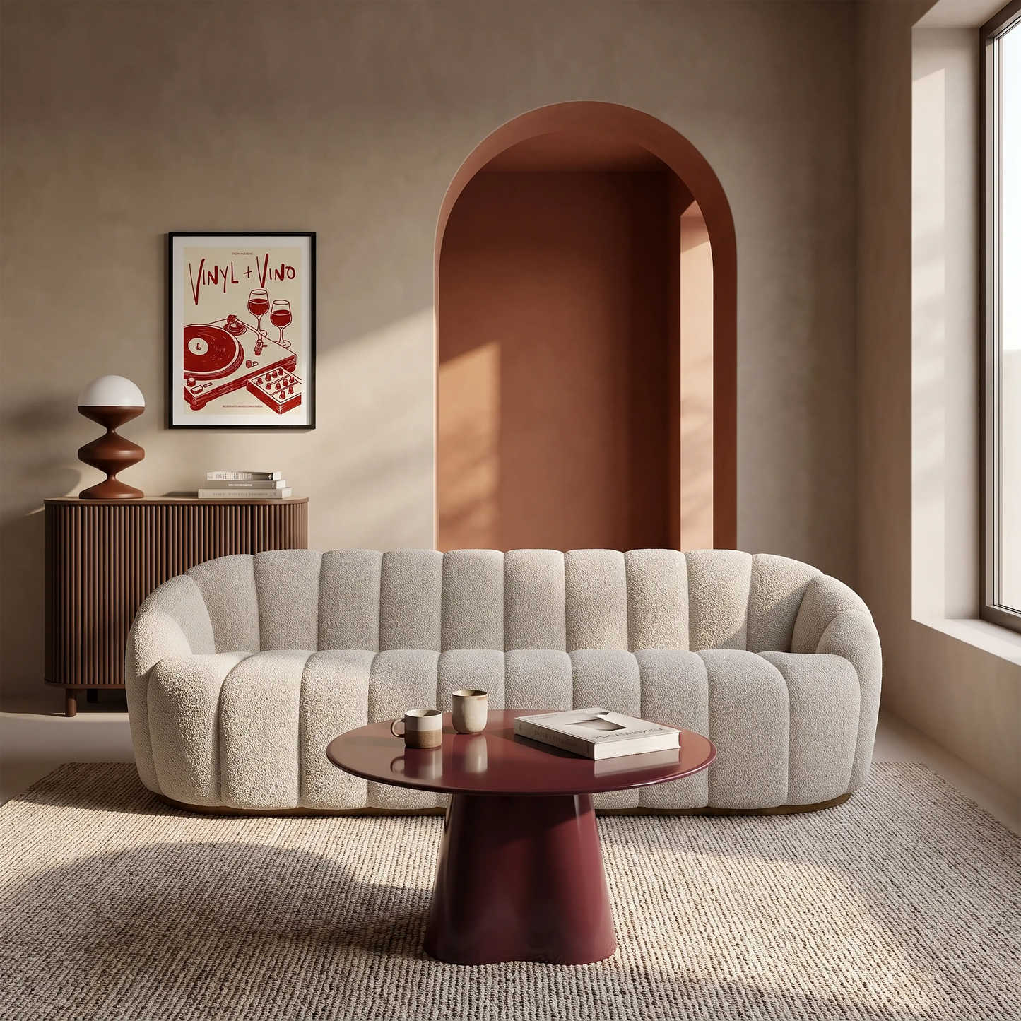 Aria 3 seater sofa in cream fabric with walnut base