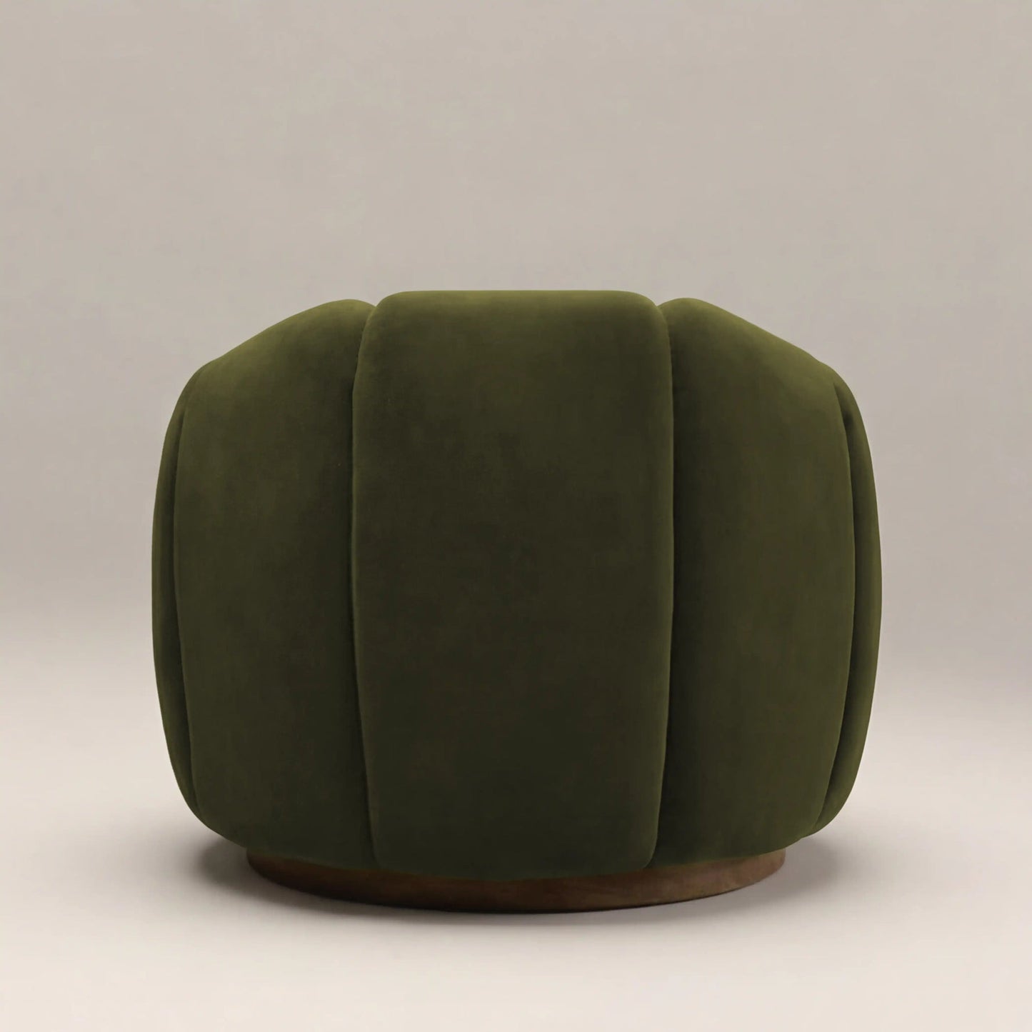 Green swivel armchair rear view showing swivel base