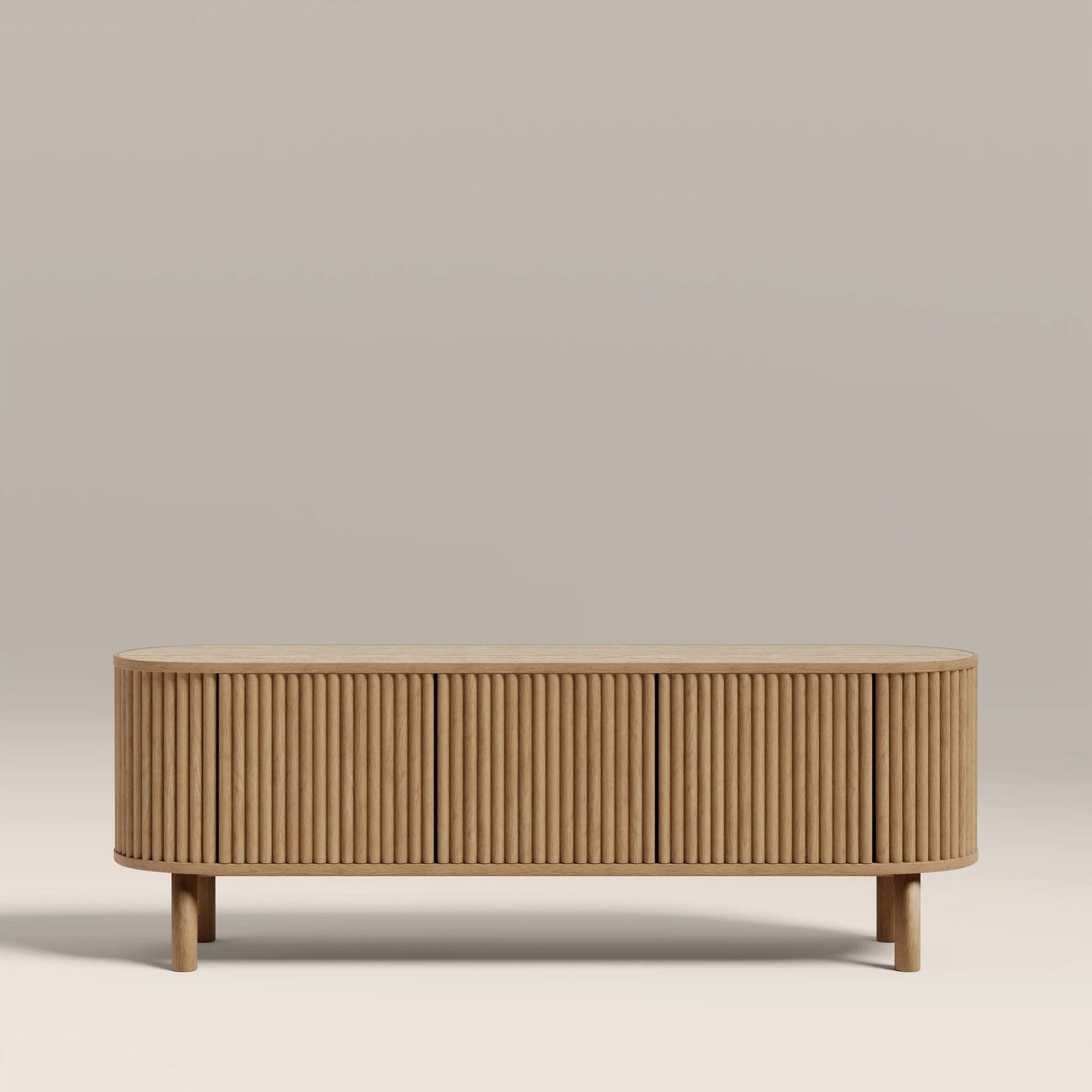 Oak TV unit with travertine stone top, three ribbed doors