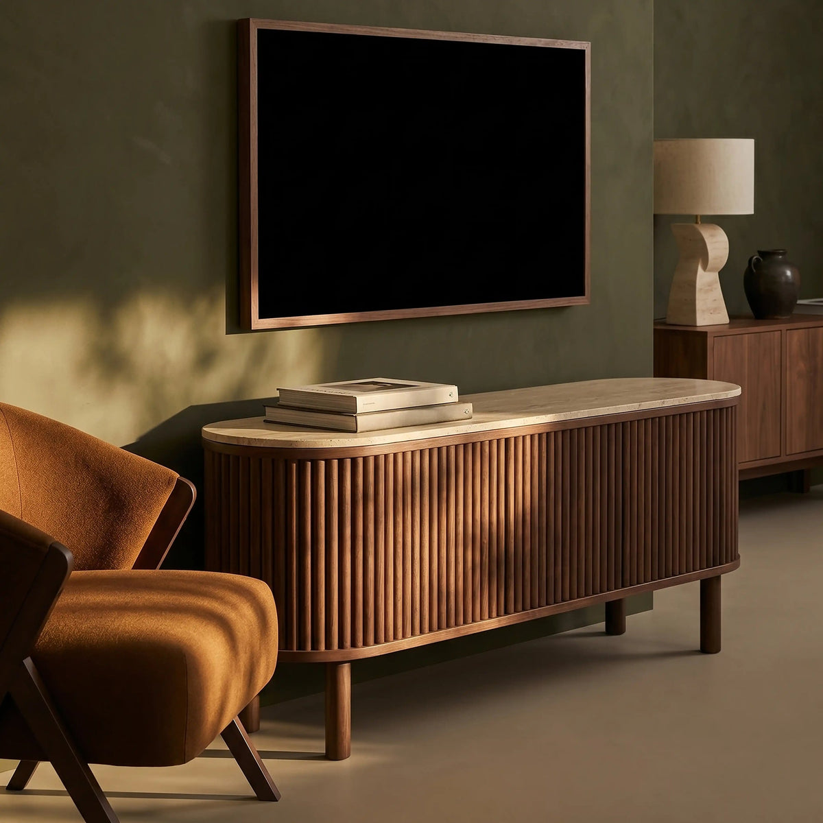 Ayla 3 Door TV Unit – Walnut with Travertine Top