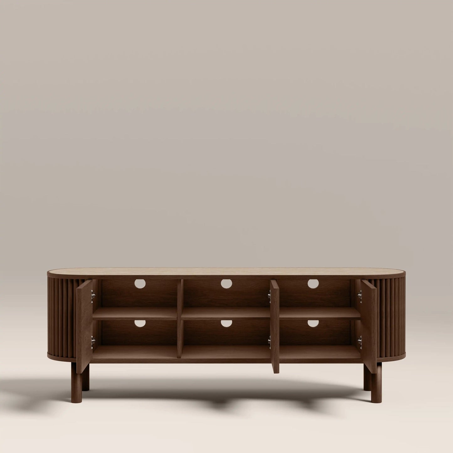 Walnut TV unit doors open showing adjustable shelves