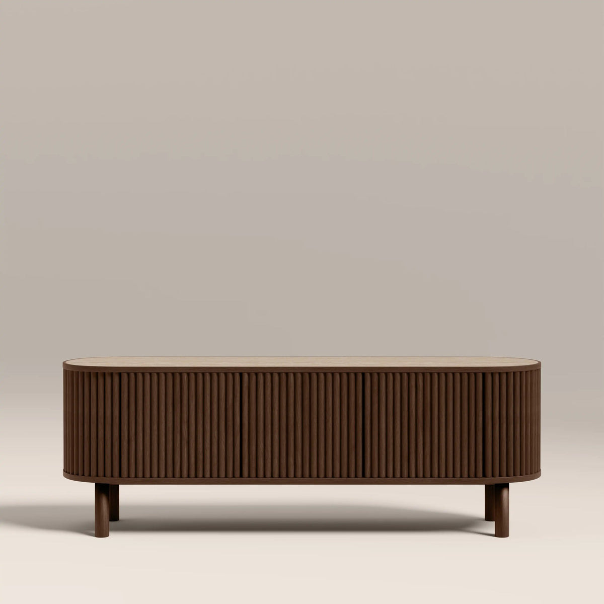 Walnut TV unit with travertine stone top, three ribbed doors