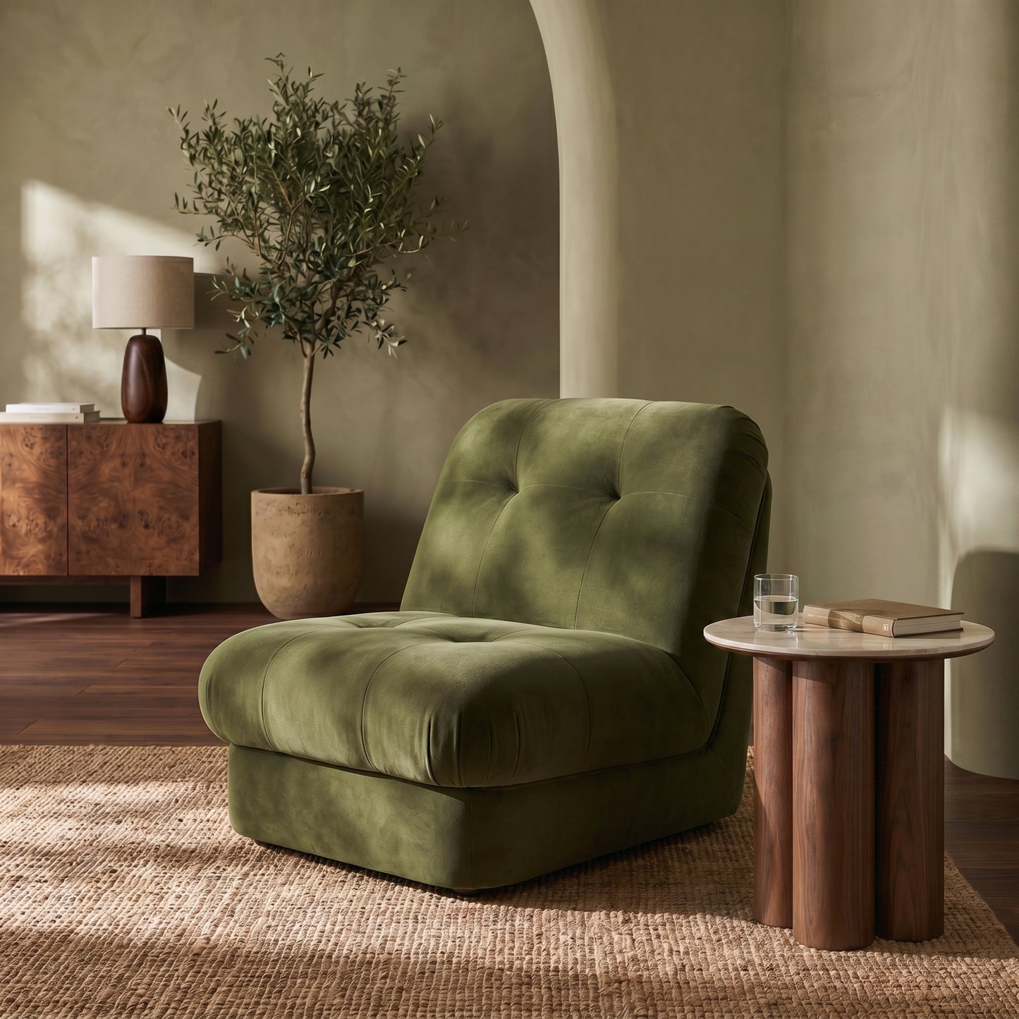 Freya Armchair in green fabric, colour swatch view