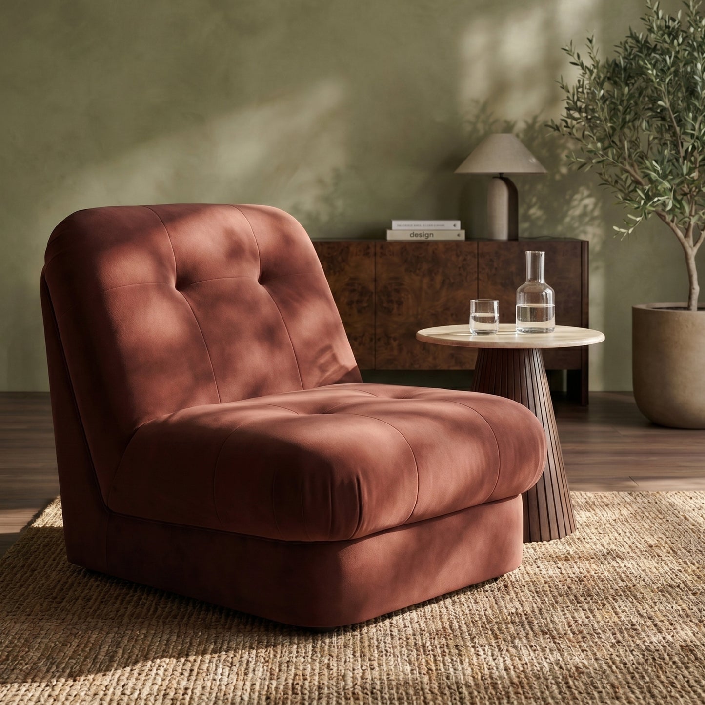 Freya Armchair in rust fabric, lifestyle view
