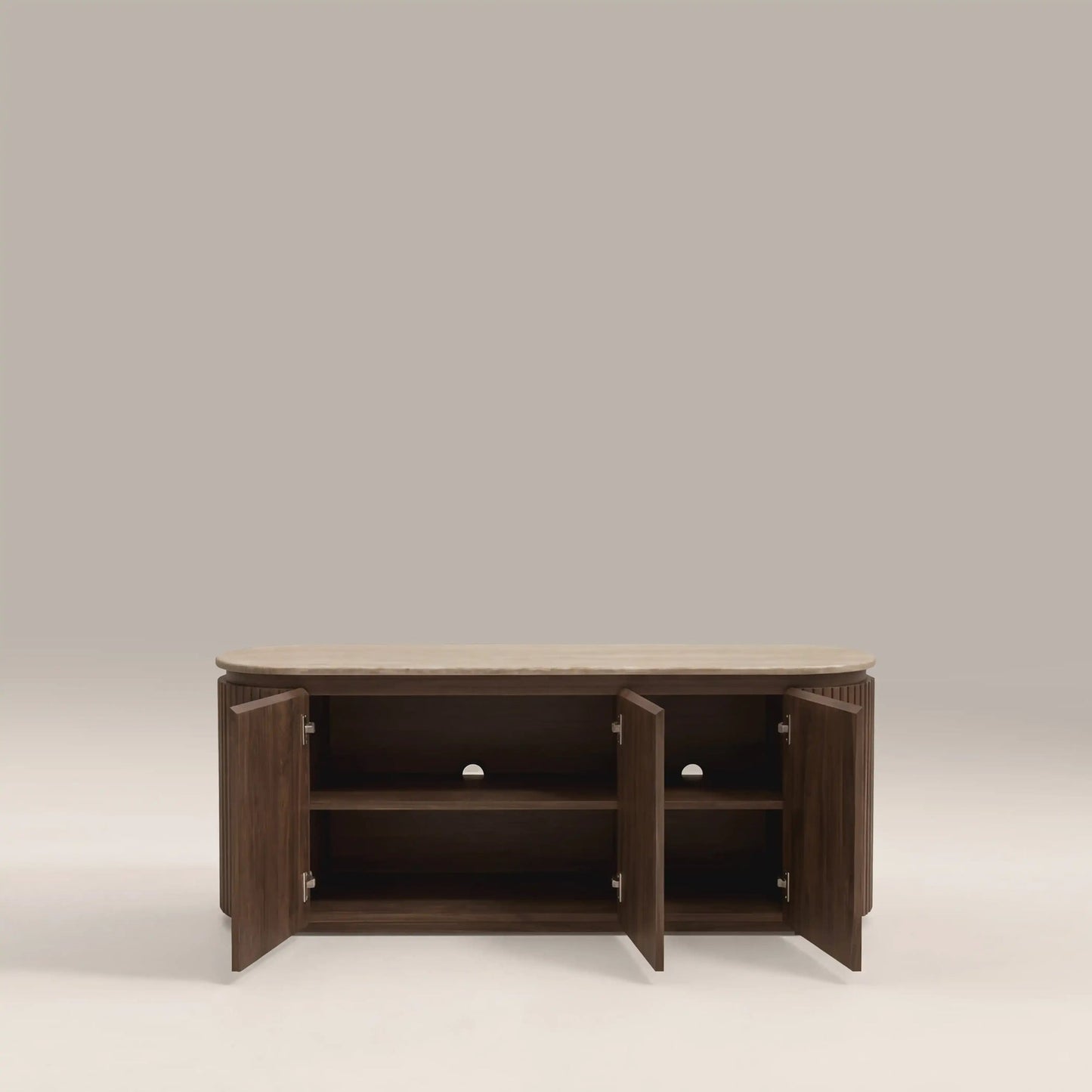 TV unit doors open showing full width shelf
