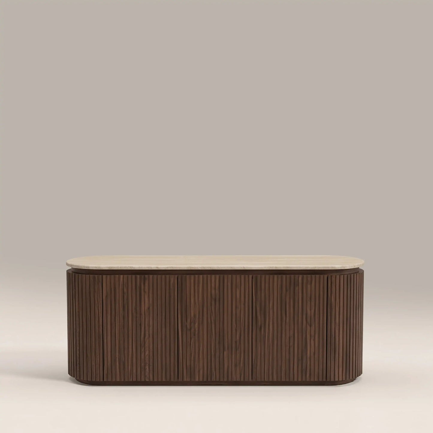 TV unit in walnut stain with travertine stone top, three doors