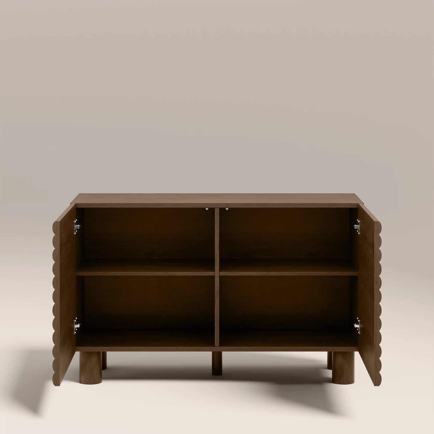 Burgundy gloss sideboard doors open showing storage